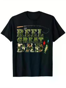 Camouflage Reel Great Dad Fishing Happy Fathers Day T-Shirt, 100% Cotton, Single Side Printed, Black Short Sleeve T-shirt (Color: Black, size: S)
