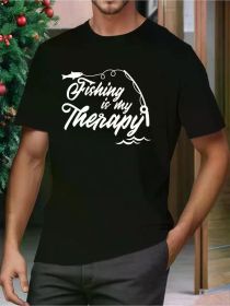 Men's Casual Crew Neck T-Shirt, 100% Cotton, Geometric Fishing Graphic, All-Season Comfort Fit, Regular Size (Color: Black, size: M)