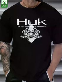 Men's HUK Performance Fishing Pattern T-Shirt - 100% Cotton, Black, with Raging Fish Design, Casual Summer Outdoor Wear (Color: Black, size: S)