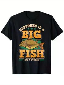 Men's 100% Cotton Fishing Humor T-Shirt - "Happiness Is A Big Fish And A Witness" Graphic, Casual Crew Neck, (Color: Black, size: XXXL)