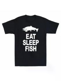 Eat Sleep Fish Graphic Men's T-Shirt - 100% Cotton, Casual Crew Neck, Short Sleeve, Funny Fishing Lover Gift for Father's Day (Color: Black, size: XL)