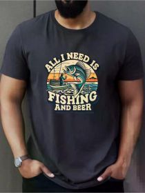 Fishing print t-shirt, men's casual short sleeve t-shirt, summer wear, casual style, regular fit, suitable for all seasons (Color: Black, size: XXXL)