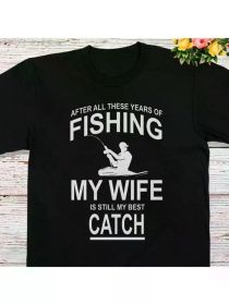 Funny fishing print casual t-shirt, men's crew neck short sleeves, soft and breathable, comfortable clothing for outdoor sports (Color: Black, size: L)