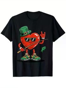 Men's St. Patrick's Day Heart and Clover Pattern T-Shirt - 100% Cotton, Black Short Sleeves, Fun Fishing Design, with Cuckold and Stylish Glasses (Color: Black, size: M)