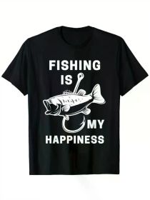 Funny Fishing 'My Happiness' T-Shirt - 100% Cotton, Crew Neck, Black, (Color: Black, size: XXXL)