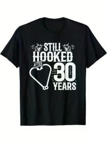 Married 30 Years Fishing Couple Anniversary T-Shirt - 100% Cotton Crew Neck Tee with "Still Hooked After 30 Years" (Color: Black, size: S)